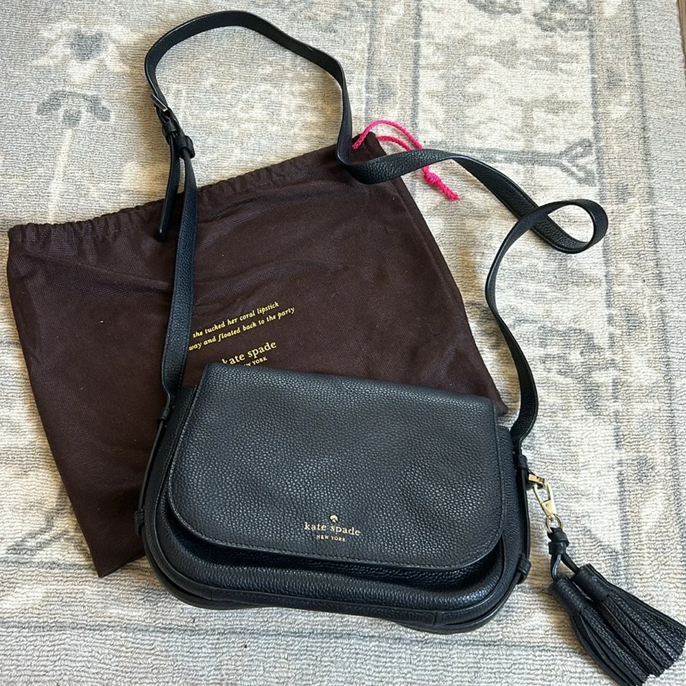 Kate Spade Black Pebbled Leather Crossbody Bag with Tassel